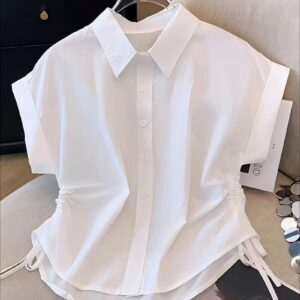 Women’s White Short Sleeve Button-Up Drawstring Shirt