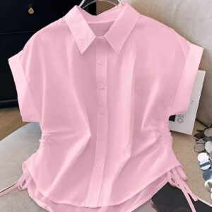Women’s Casual Short Sleeve Button-Up Drawstring Shirt