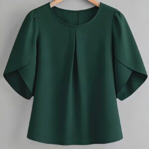 Women’s Dark Green Chest Pleated Ruffled Short Sleeve Shirt