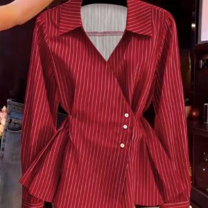 Elegant Vertical Stripe Waist-cinching Shirt