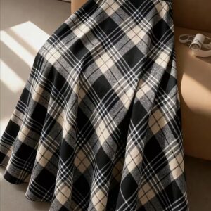 Women’s Elegant Plaid Khaki & Black A-Line Skirt